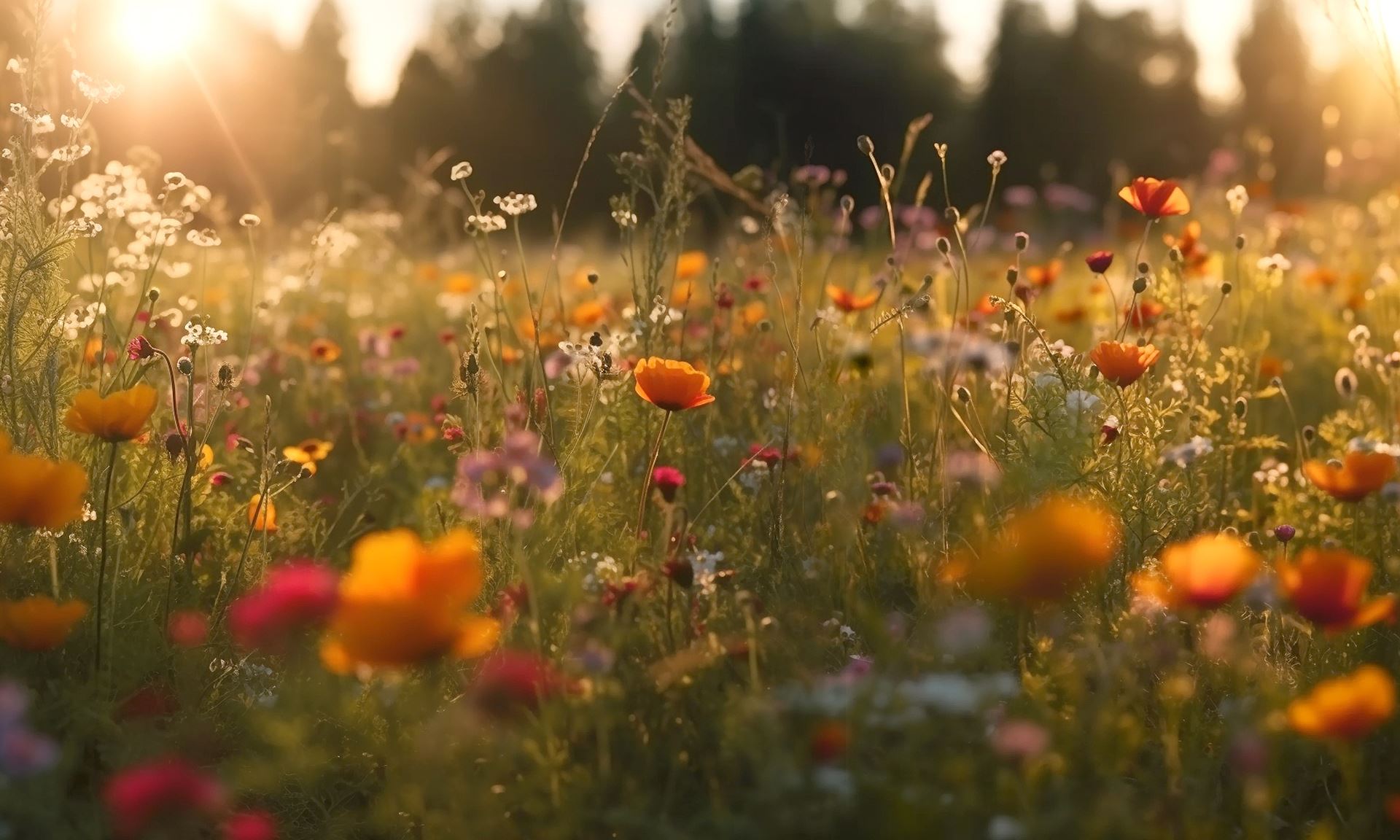 Colorful flower meadow with sunbeams and lights in summer - nature background banner with copy space - summer greeting card wildflowers spring